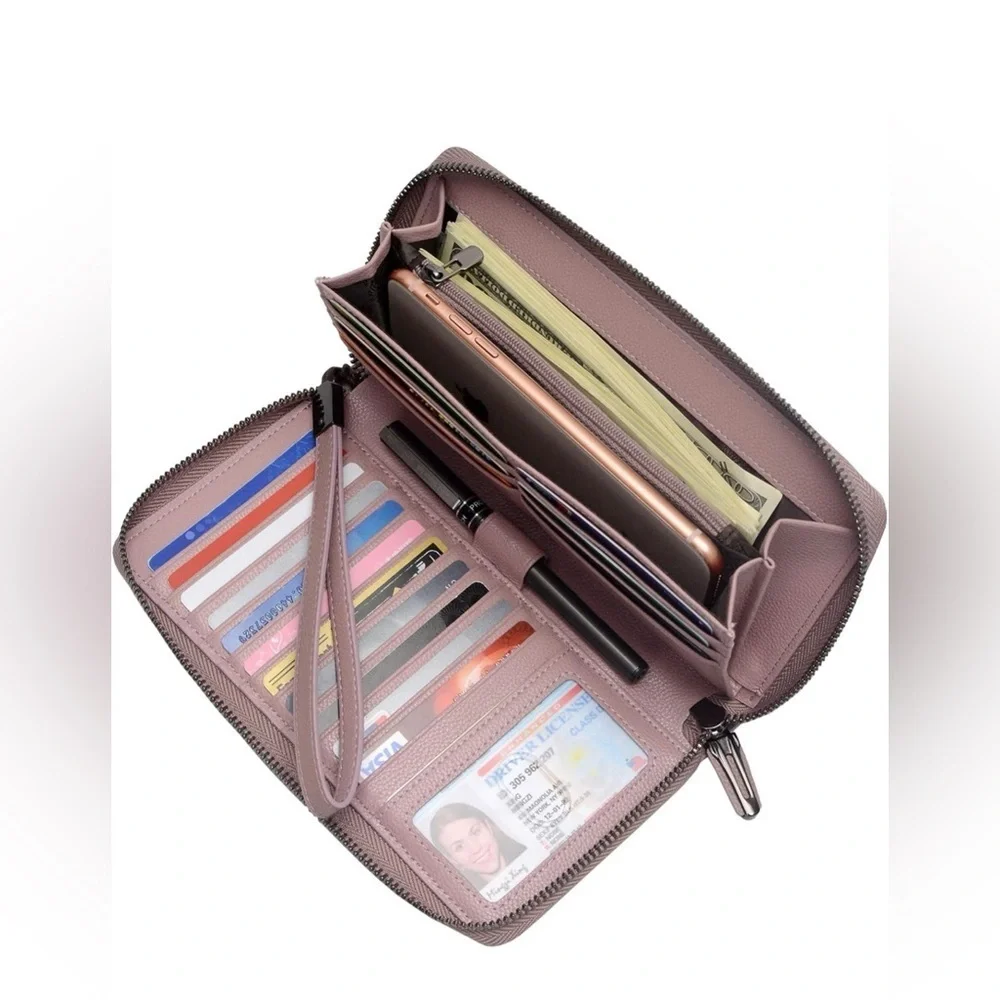 Bveyzi Pink RFID Blocking Leather Zip Around Large Wallet Phone Clutch Wristlet
